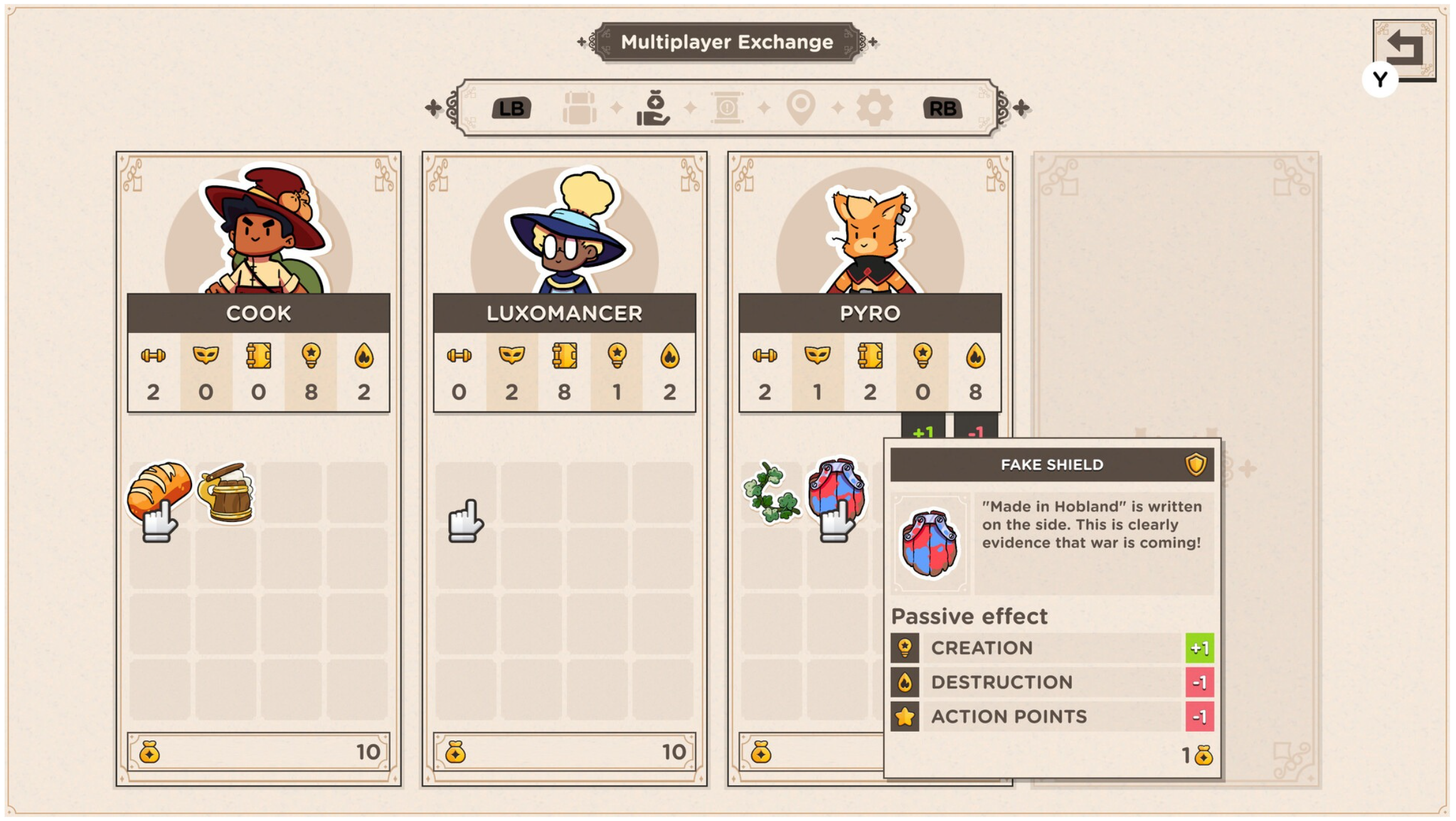 Item exchange menu in Baladins, toont de stats van de karakters.