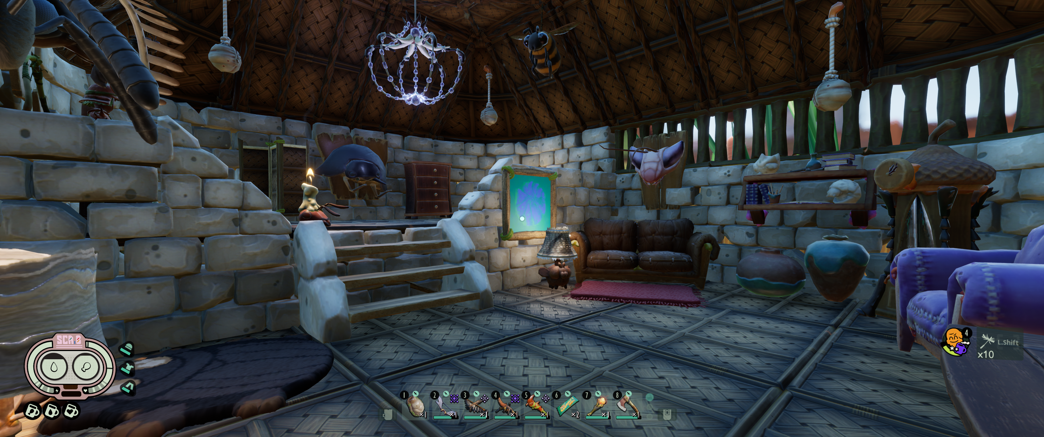 Een screenshot van de binnenkant van mijn base in *Grounded*. Het **coziness**-level bereikt bijna level 5 (rechtsonder).