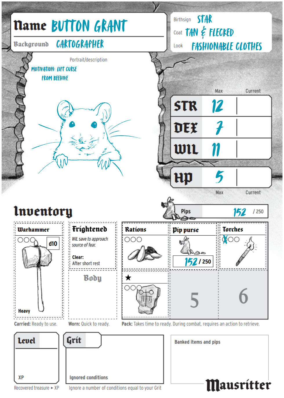 Voorbeeld van een character sheet van Mausritter. Afbeelding van een muis van de Canva bibliotheek.
